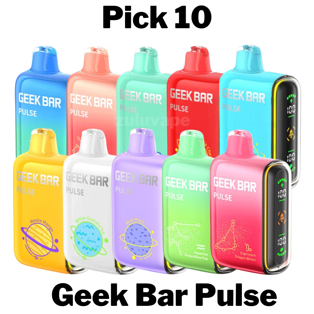 Geekbar Pulse 15000 Disposable Vape Pick 10, featuring a customizable selection of 10 devices, each delivering up to 15,000 puffs with premium e-liquid and a long-lasting rechargeable battery. Perfect for sampling a variety of bold flavors in bulk.